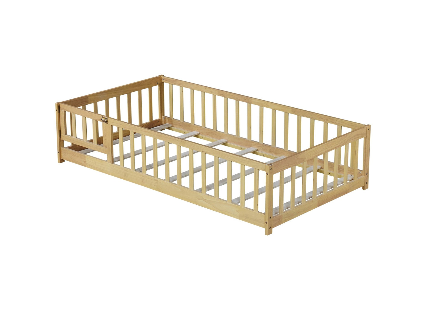 Twin Size Floor Bed with Fence and Door,Rubber Wood Floor Bed with Safety Guardrails,Natural - 1st Choice Furniture Direct