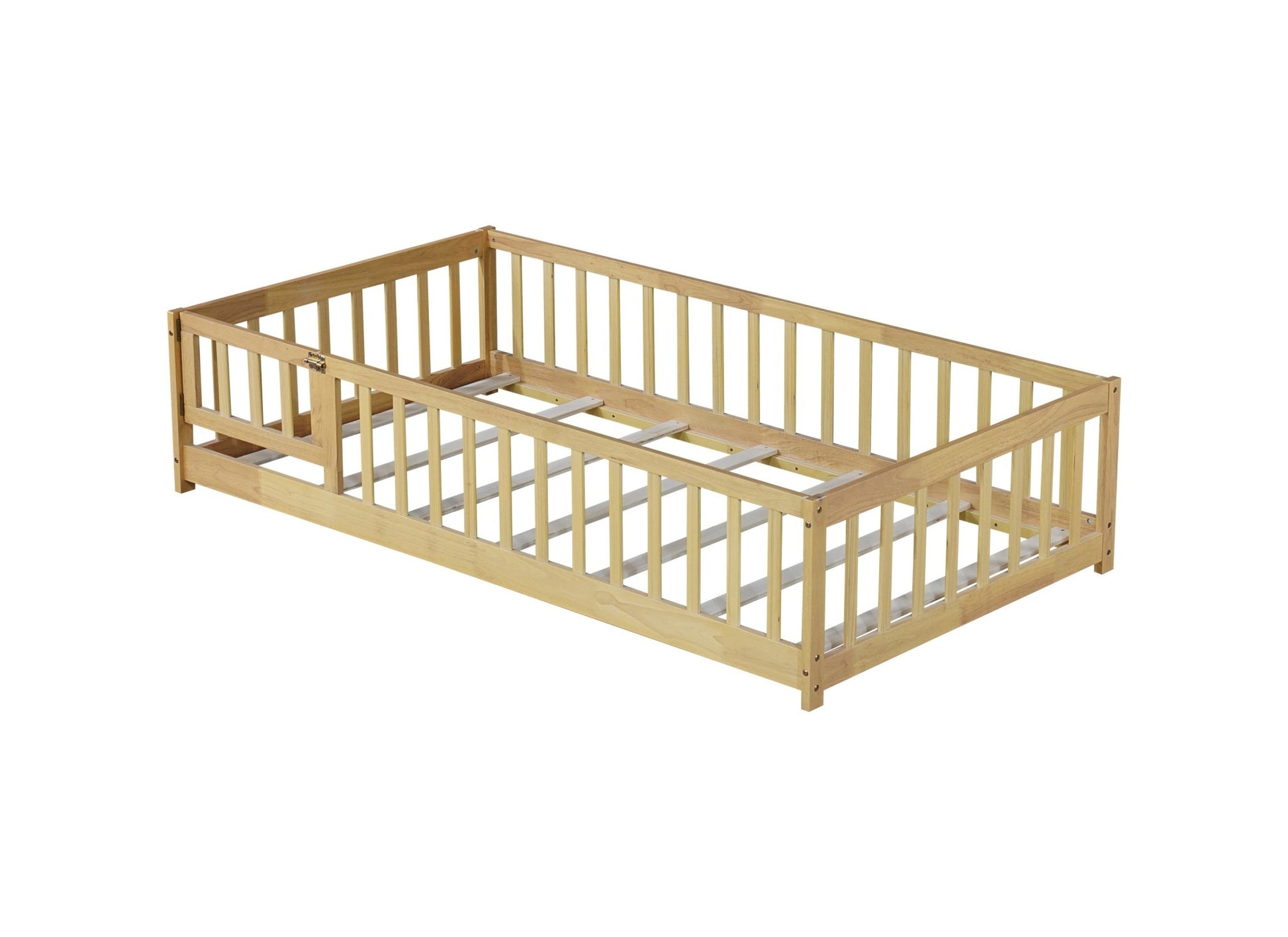 Twin Size Floor Bed with Fence and Door,Rubber Wood Floor Bed with Safety Guardrails,Natural - 1st Choice Furniture Direct