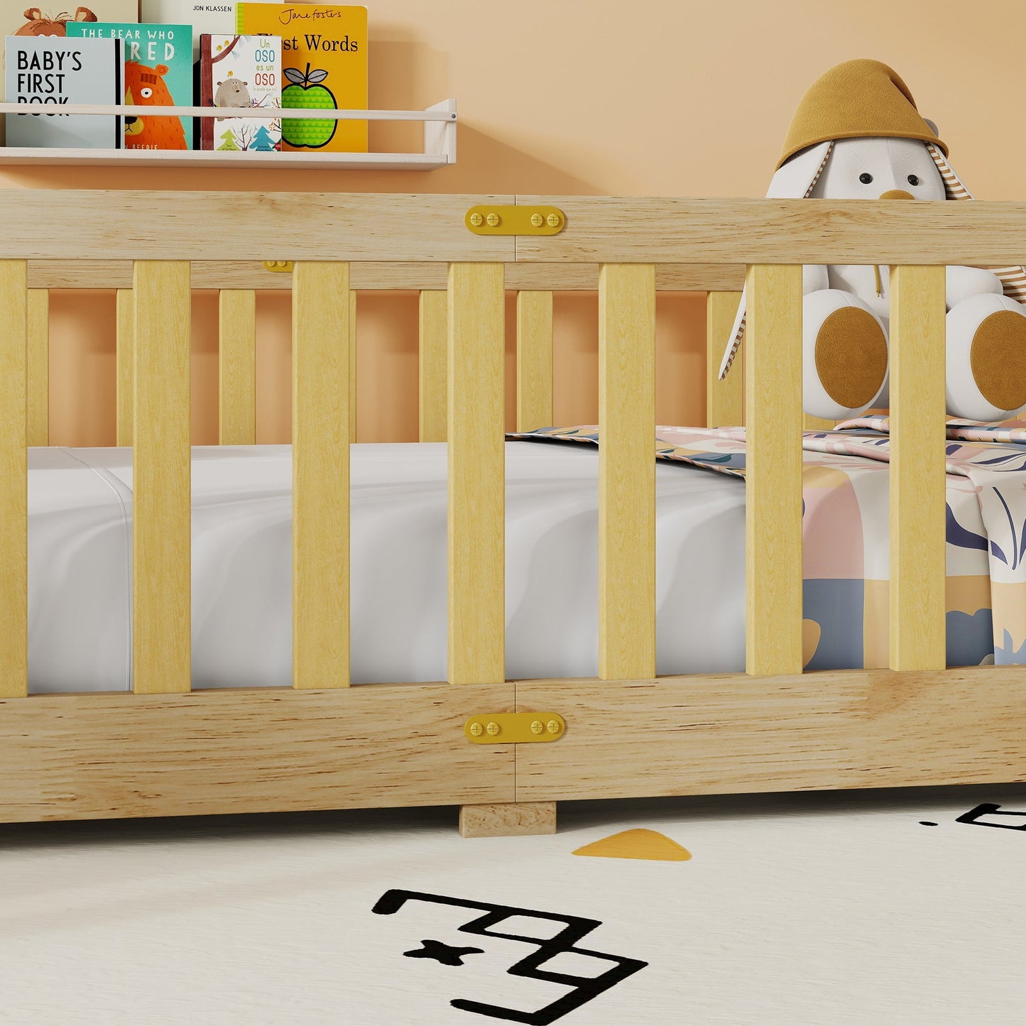 Twin Size Floor Bed with Fence and Door,Rubber Wood Floor Bed with Safety Guardrails,Natural - 1st Choice Furniture Direct