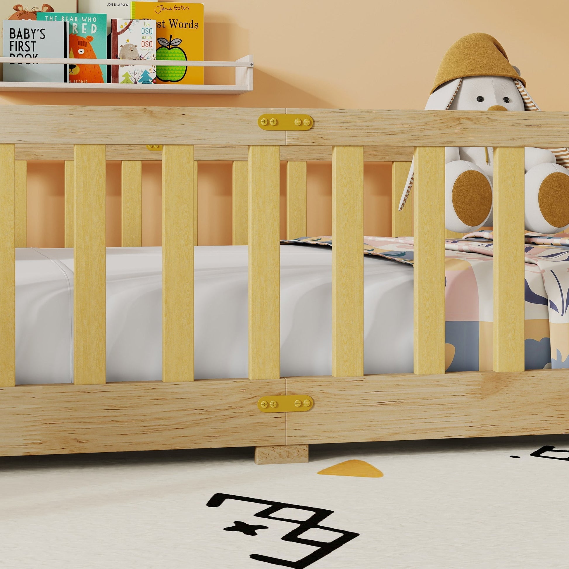 Twin Size Floor Bed with Fence and Door,Rubber Wood Floor Bed with Safety Guardrails,Natural - 1st Choice Furniture Direct