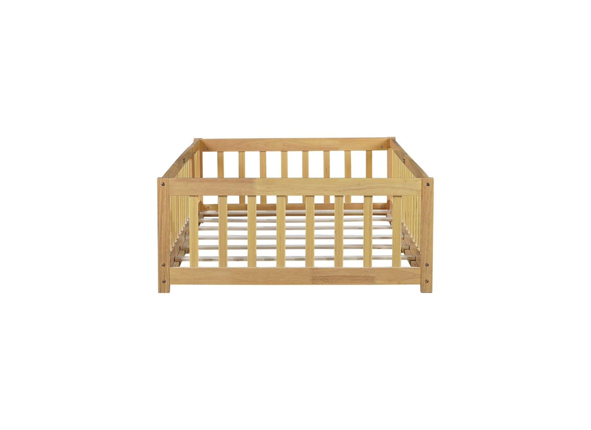 Twin Size Floor Bed with Fence and Door,Rubber Wood Floor Bed with Safety Guardrails,Natural - 1st Choice Furniture Direct