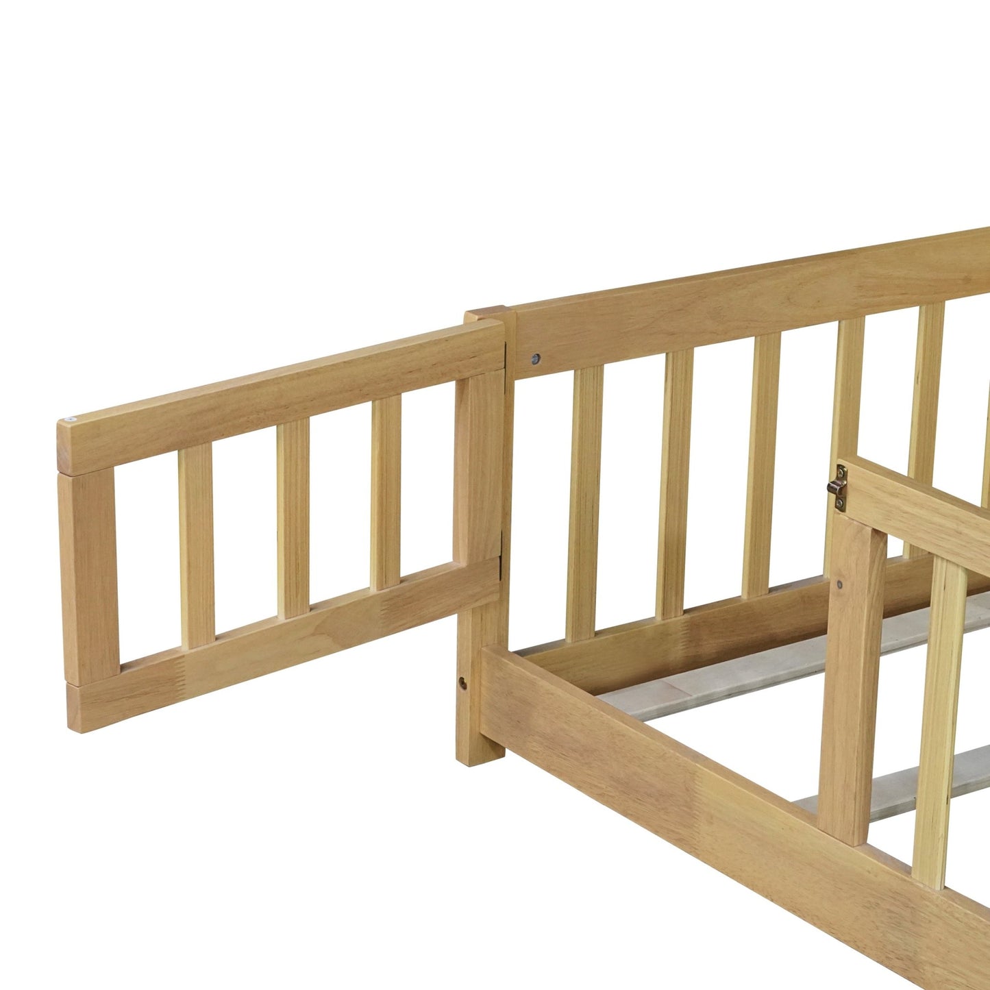 Twin Size Floor Bed with Fence and Door,Rubber Wood Floor Bed with Safety Guardrails,Natural - 1st Choice Furniture Direct