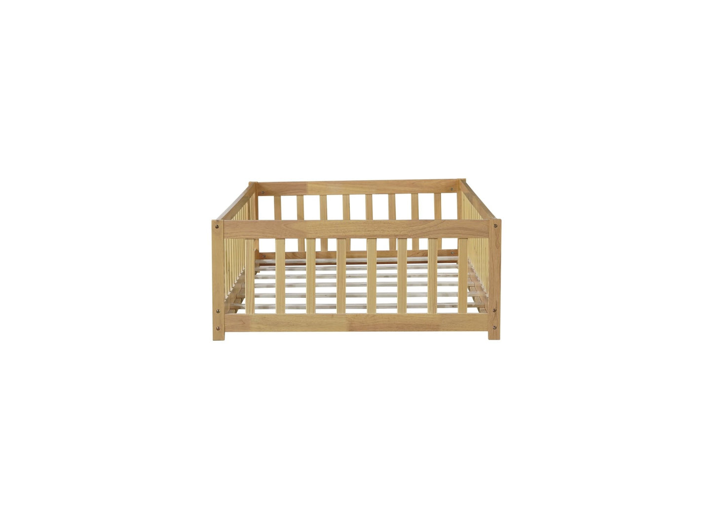 Twin Size Floor Bed with Fence and Door,Rubber Wood Floor Bed with Safety Guardrails,Natural - 1st Choice Furniture Direct