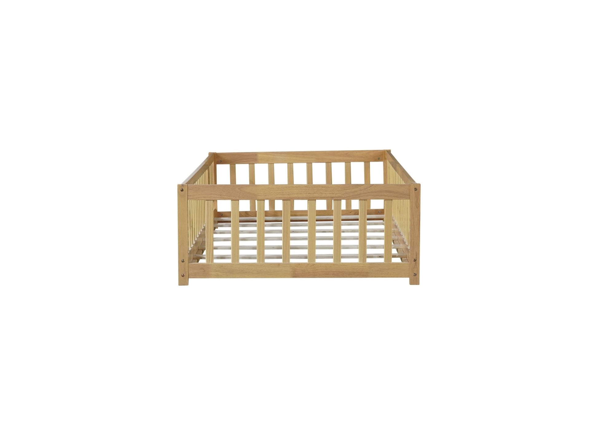 Twin Size Floor Bed with Fence and Door,Rubber Wood Floor Bed with Safety Guardrails,Natural - 1st Choice Furniture Direct