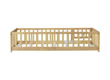 Twin Size Floor Bed with Fence and Door,Rubber Wood Floor Bed with Safety Guardrails,Natural - 1st Choice Furniture Direct
