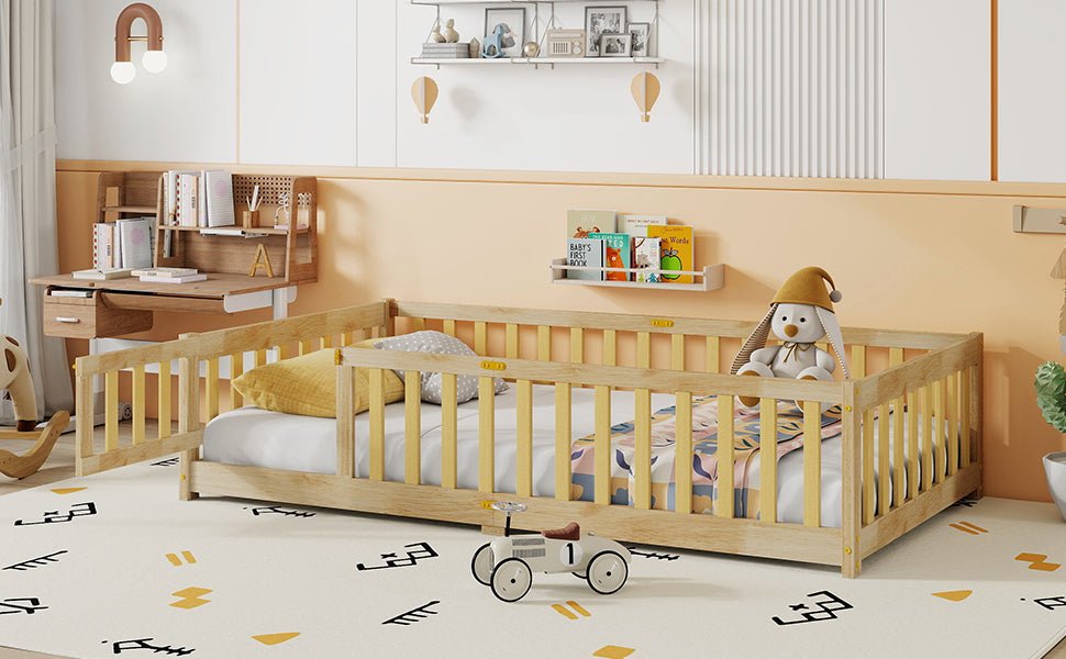 Twin Size Floor Bed with Fence and Door,Rubber Wood Floor Bed with Safety Guardrails,Natural - 1st Choice Furniture Direct