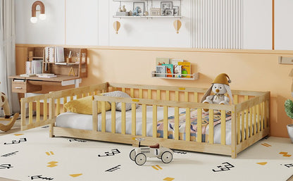 Twin Size Floor Bed with Fence and Door,Rubber Wood Floor Bed with Safety Guardrails,Natural - 1st Choice Furniture Direct