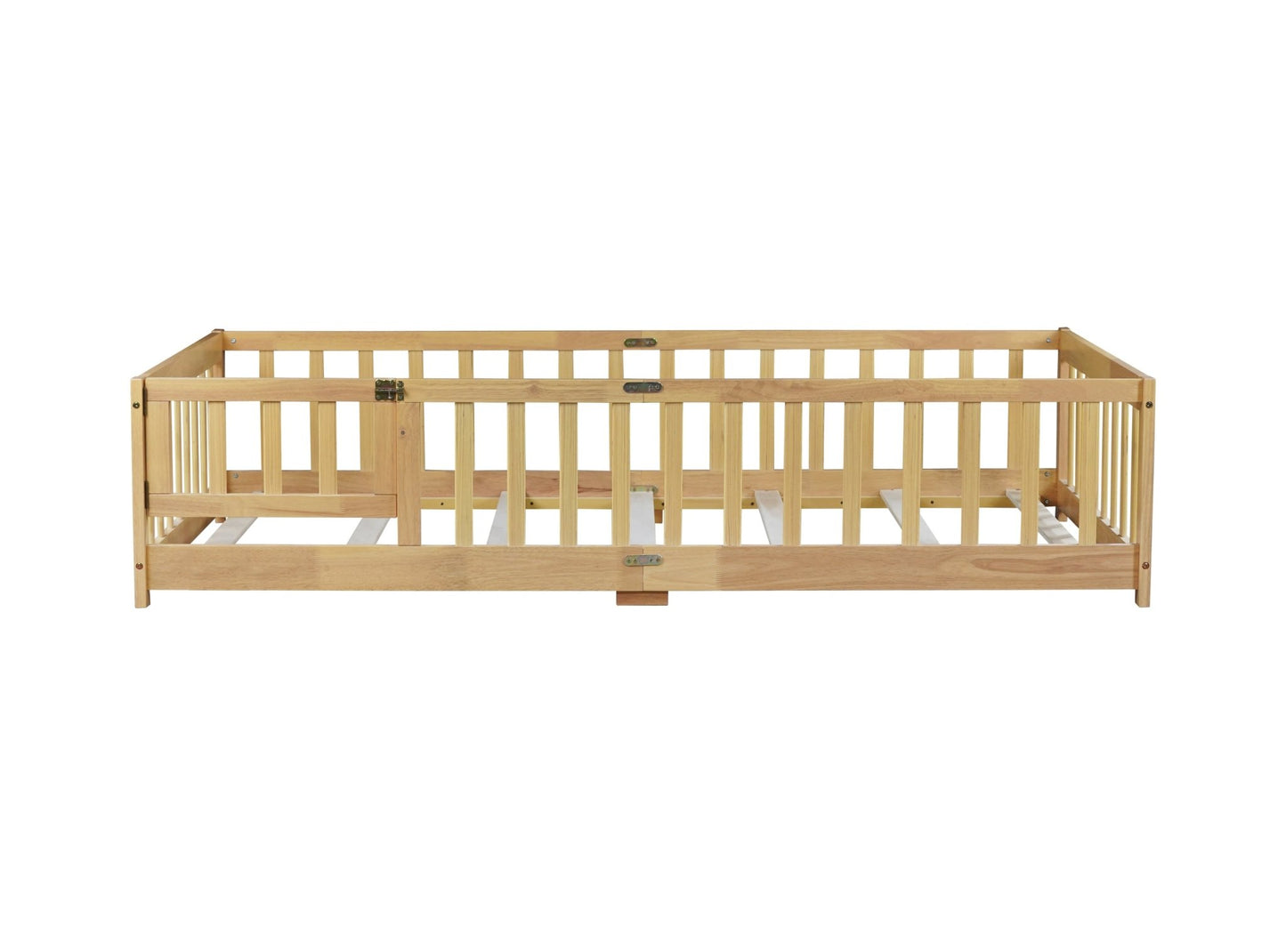 Twin Size Floor Bed with Fence and Door,Rubber Wood Floor Bed with Safety Guardrails,Natural - 1st Choice Furniture Direct