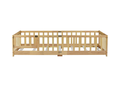 Twin Size Floor Bed with Fence and Door,Rubber Wood Floor Bed with Safety Guardrails,Natural - 1st Choice Furniture Direct