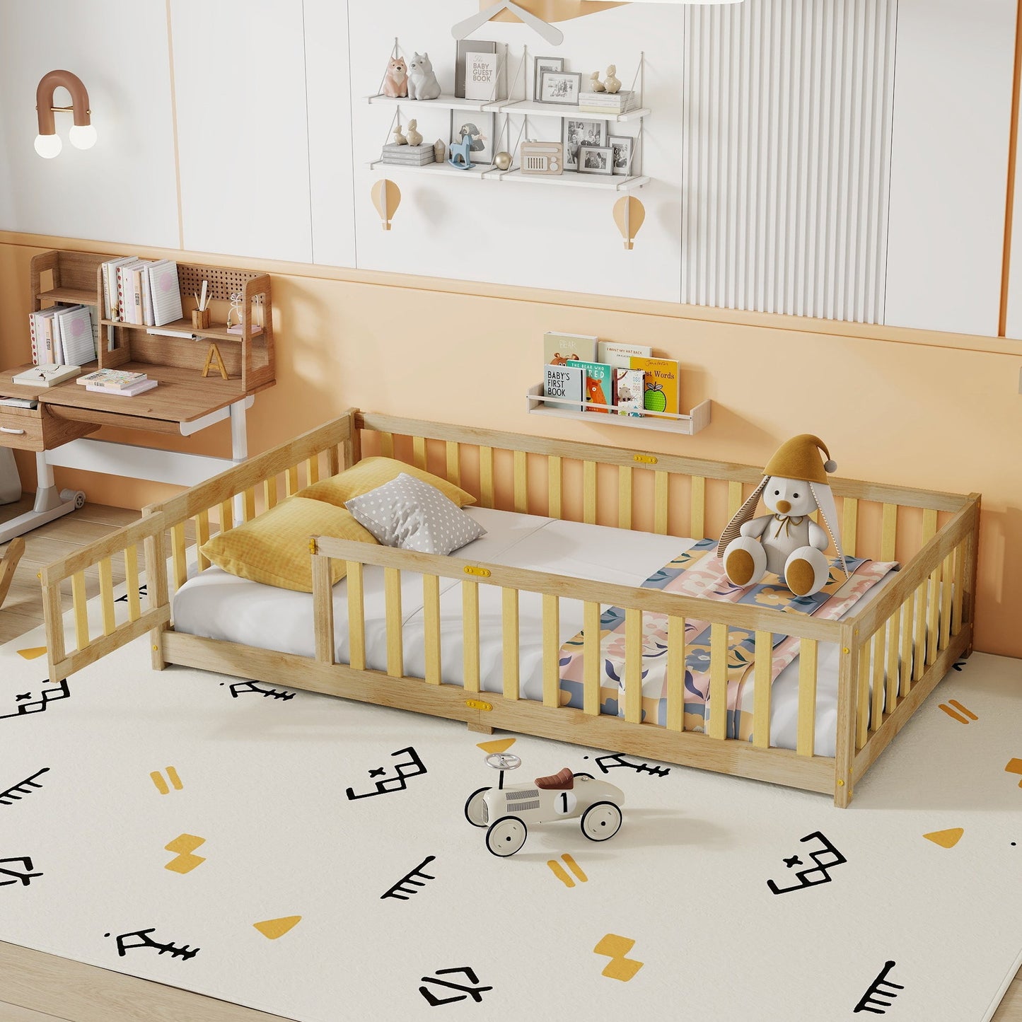 Twin Size Floor Bed with Fence and Door,Rubber Wood Floor Bed with Safety Guardrails,Natural - 1st Choice Furniture Direct