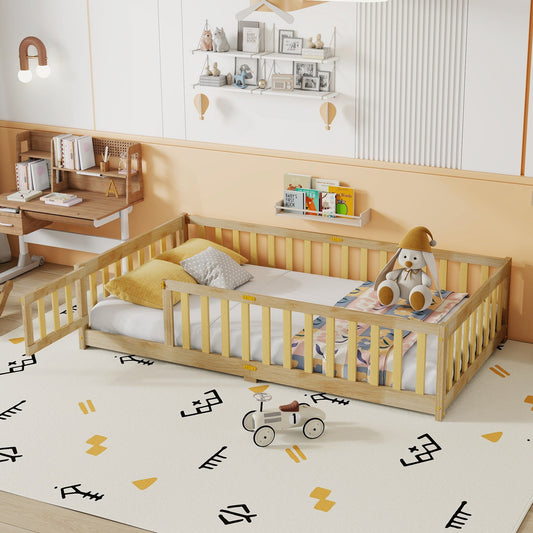 Twin Size Floor Bed with Fence and Door,Rubber Wood Floor Bed with Safety Guardrails,Natural - 1st Choice Furniture Direct
