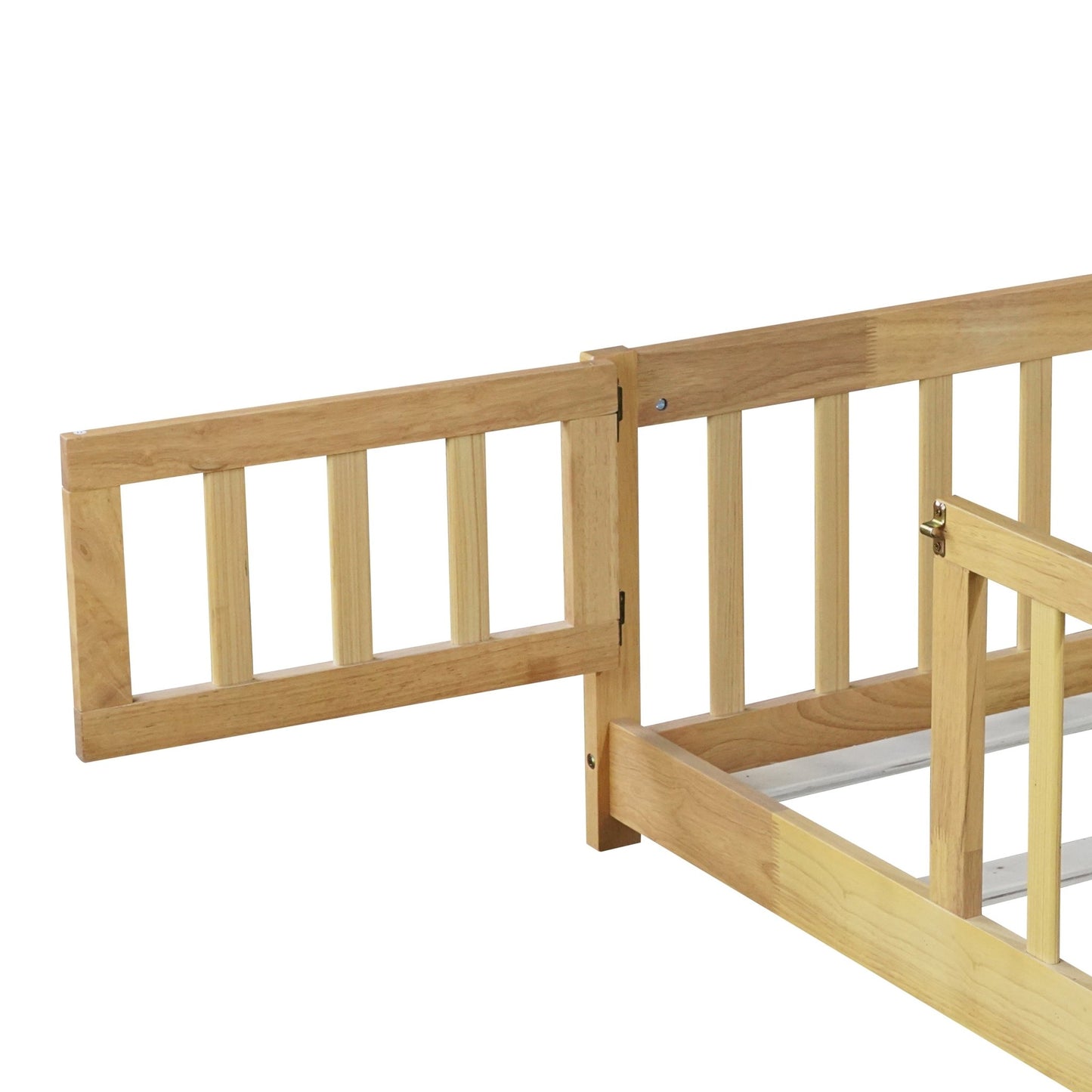 Twin Size Floor Bed with Fence and Door,Rubber Wood Floor Bed with Safety Guardrails,Natural - 1st Choice Furniture Direct