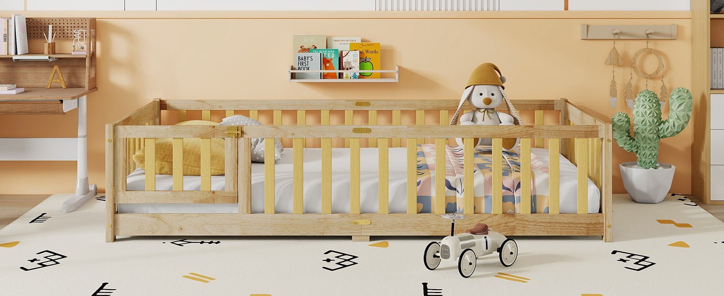 Twin Size Floor Bed with Fence and Door,Rubber Wood Floor Bed with Safety Guardrails,Natural - 1st Choice Furniture Direct