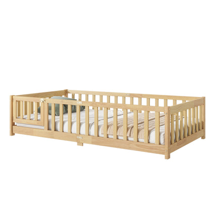 Twin Size Floor Bed with Fence and Door,Rubber Wood Floor Bed with Safety Guardrails,Natural - 1st Choice Furniture Direct