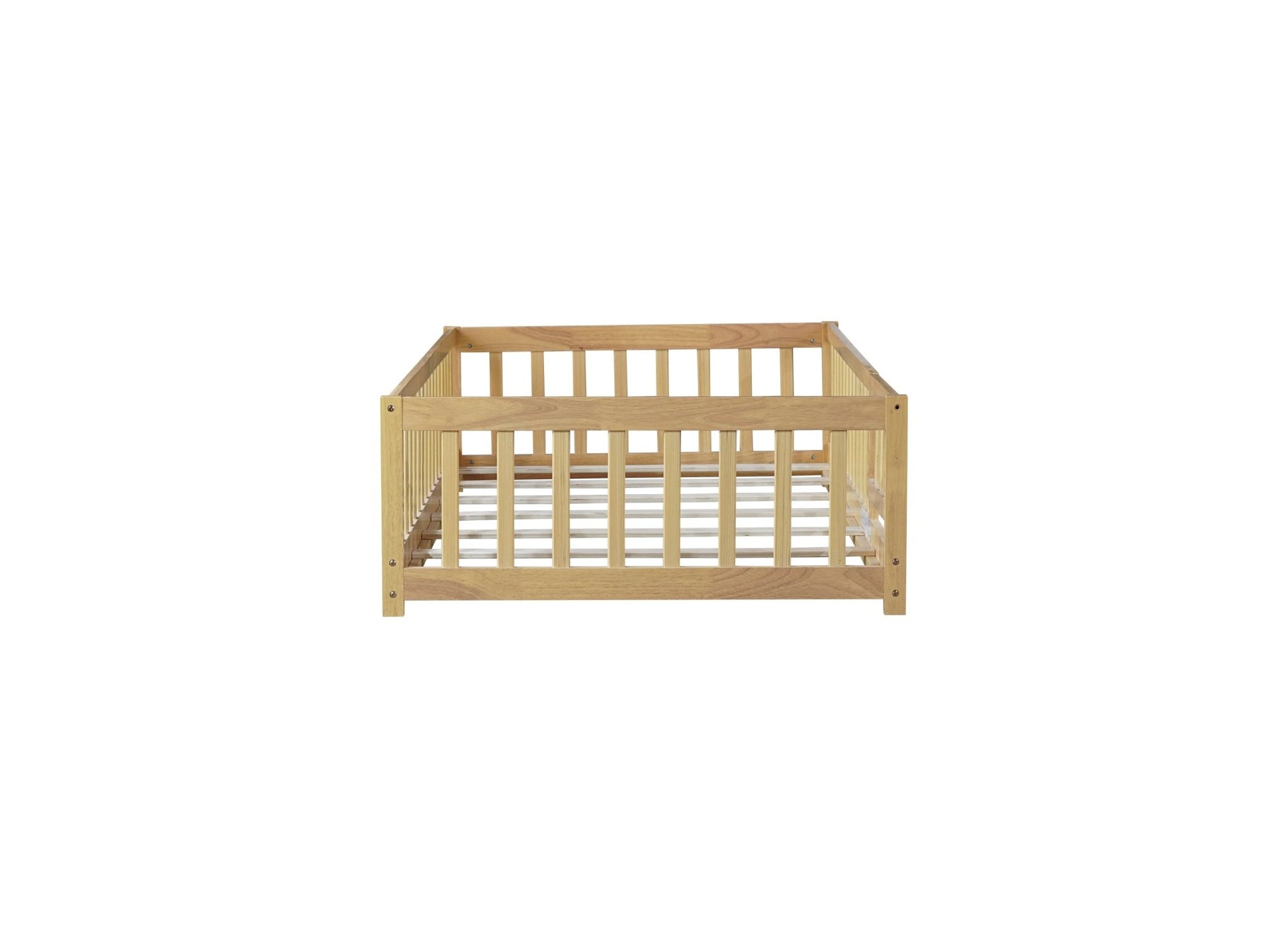 Twin Size Floor Bed with Fence and Door,Rubber Wood Floor Bed with Safety Guardrails,Natural - 1st Choice Furniture Direct