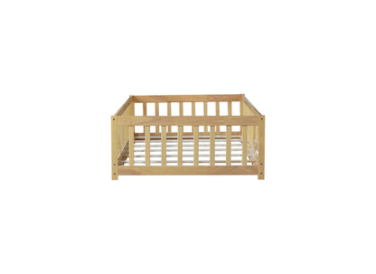 Twin Size Floor Bed with Fence and Door,Rubber Wood Floor Bed with Safety Guardrails,Natural - 1st Choice Furniture Direct