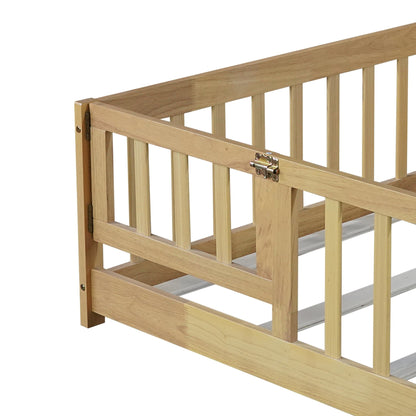 Twin Size Floor Bed with Fence and Door,Rubber Wood Floor Bed with Safety Guardrails,Natural - 1st Choice Furniture Direct