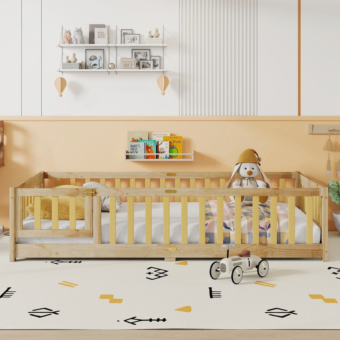Twin Size Floor Bed with Fence and Door,Rubber Wood Floor Bed with Safety Guardrails,Natural - 1st Choice Furniture Direct