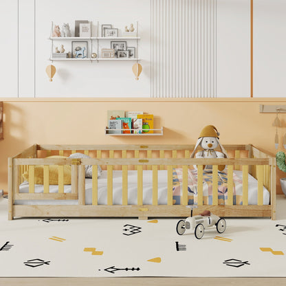 Twin Size Floor Bed with Fence and Door,Rubber Wood Floor Bed with Safety Guardrails,Natural - 1st Choice Furniture Direct