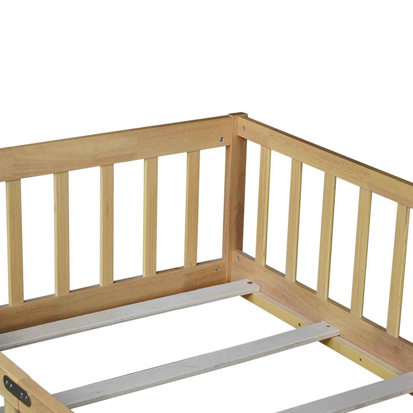 Twin Size Floor Bed with Fence and Door,Rubber Wood Floor Bed with Safety Guardrails,Natural - 1st Choice Furniture Direct