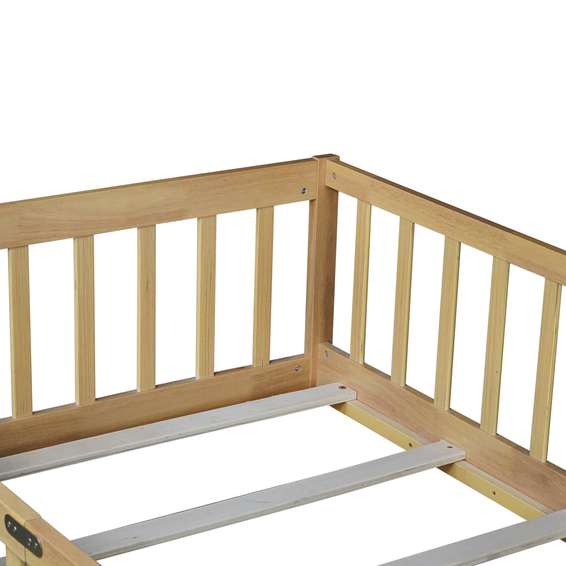 Twin Size Floor Bed with Fence and Door,Rubber Wood Floor Bed with Safety Guardrails,Natural - 1st Choice Furniture Direct
