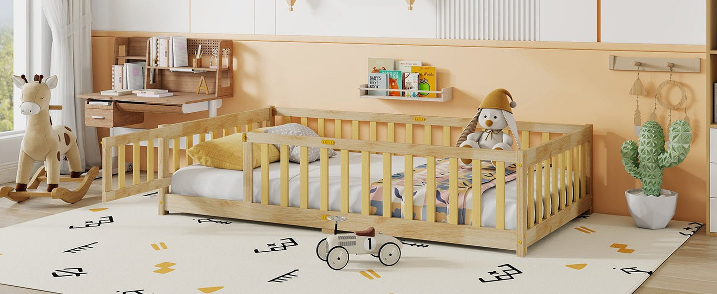Twin Size Floor Bed with Fence and Door,Rubber Wood Floor Bed with Safety Guardrails,Natural - 1st Choice Furniture Direct