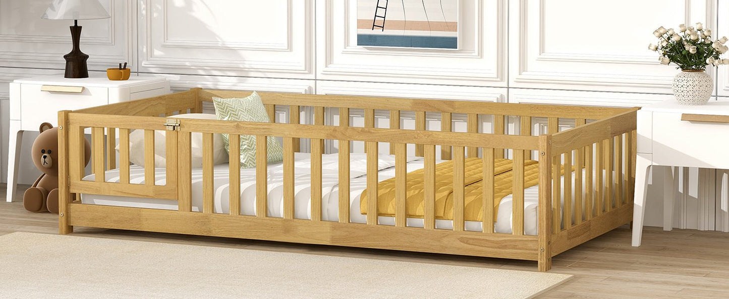 Twin Size Floor Bed with Fence and Door,Rubber Wood Floor Bed with Safety Guardrails,Natural - 1st Choice Furniture Direct