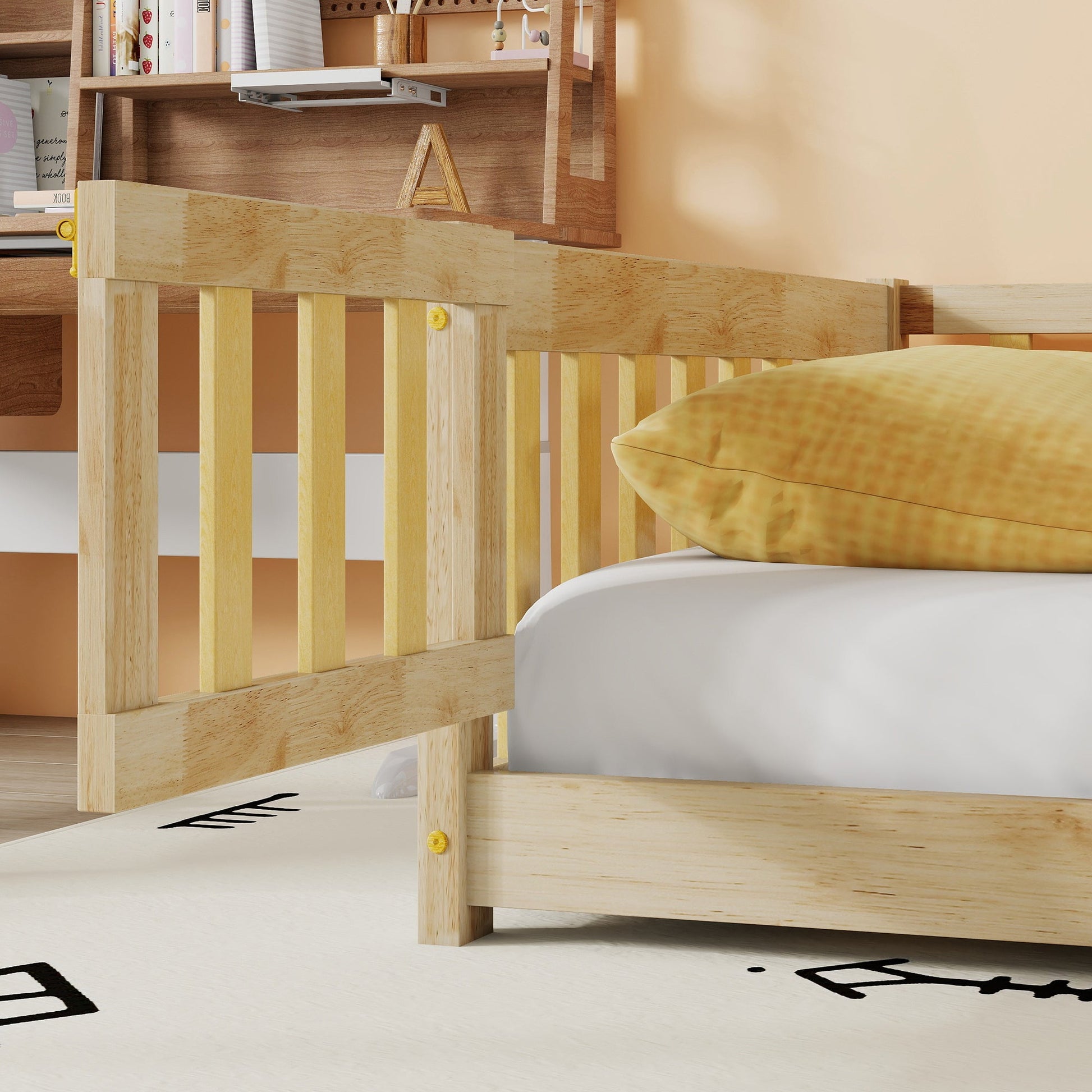 Twin Size Floor Bed with Fence and Door,Rubber Wood Floor Bed with Safety Guardrails,Natural - 1st Choice Furniture Direct