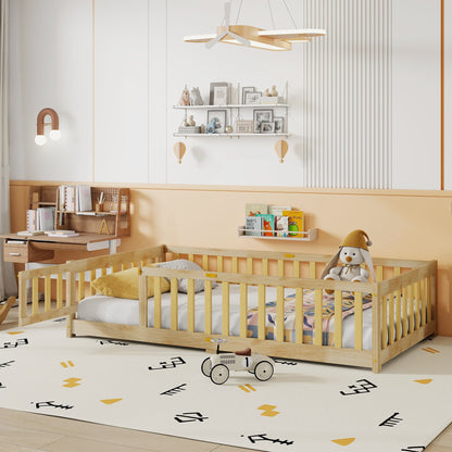 Twin Size Floor Bed with Fence and Door,Rubber Wood Floor Bed with Safety Guardrails,Natural - 1st Choice Furniture Direct