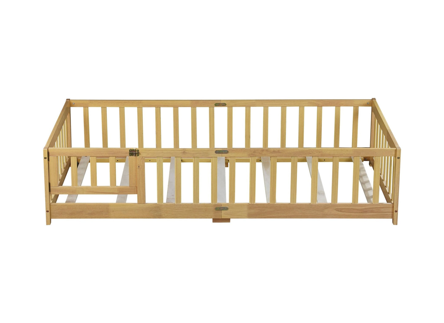 Twin Size Floor Bed with Fence and Door,Rubber Wood Floor Bed with Safety Guardrails,Natural - 1st Choice Furniture Direct