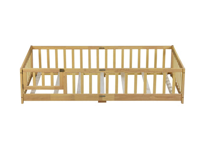 Twin Size Floor Bed with Fence and Door,Rubber Wood Floor Bed with Safety Guardrails,Natural - 1st Choice Furniture Direct