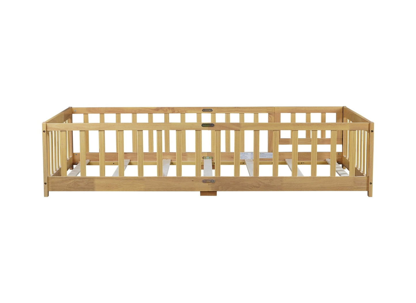 Twin Size Floor Bed with Fence and Door,Rubber Wood Floor Bed with Safety Guardrails,Natural - 1st Choice Furniture Direct