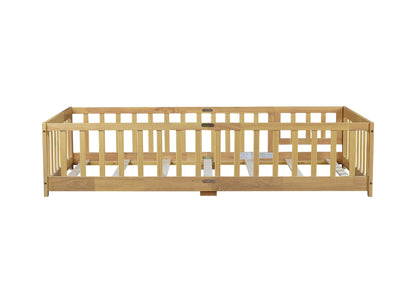 Twin Size Floor Bed with Fence and Door,Rubber Wood Floor Bed with Safety Guardrails,Natural - 1st Choice Furniture Direct