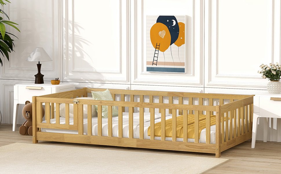 Twin Size Floor Bed with Fence and Door,Rubber Wood Floor Bed with Safety Guardrails,Natural - 1st Choice Furniture Direct