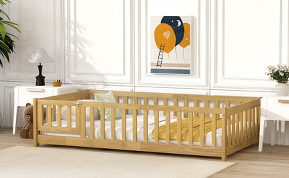 Twin Size Floor Bed with Fence and Door,Rubber Wood Floor Bed with Safety Guardrails,Natural - 1st Choice Furniture Direct