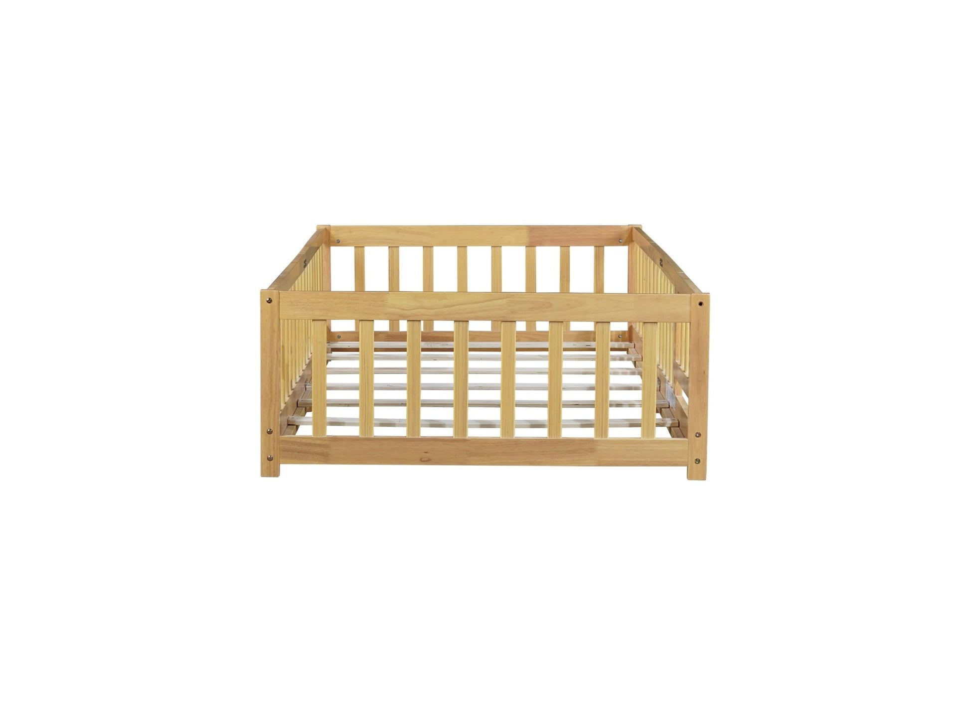 Twin Size Floor Bed with Fence and Door,Rubber Wood Floor Bed with Safety Guardrails,Natural - 1st Choice Furniture Direct
