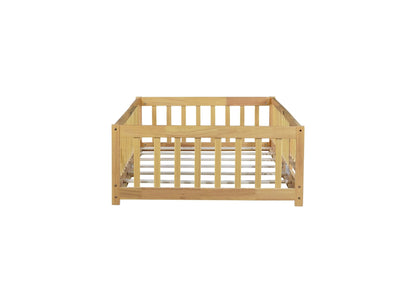 Twin Size Floor Bed with Fence and Door,Rubber Wood Floor Bed with Safety Guardrails,Natural - 1st Choice Furniture Direct