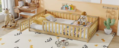 Twin Size Floor Bed with Fence and Door,Rubber Wood Floor Bed with Safety Guardrails,Natural - 1st Choice Furniture Direct