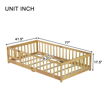 Twin Size Floor Bed with Fence and Door,Rubber Wood Floor Bed with Safety Guardrails,Natural - 1st Choice Furniture Direct