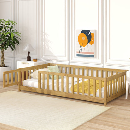 Twin Size Floor Bed with Fence and Door,Rubber Wood Floor Bed with Safety Guardrails,Natural - 1st Choice Furniture Direct