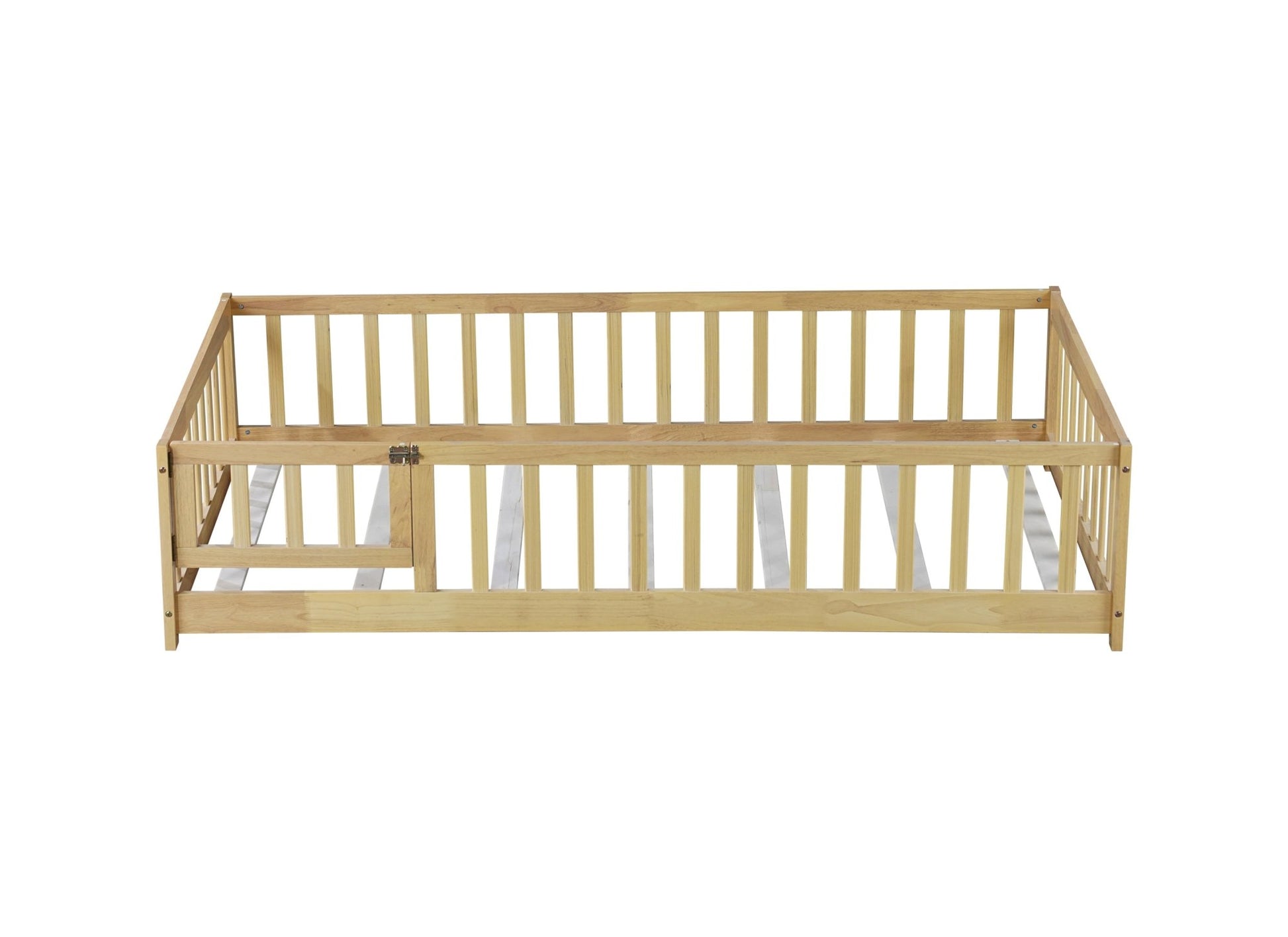 Twin Size Floor Bed with Fence and Door,Rubber Wood Floor Bed with Safety Guardrails,Natural - 1st Choice Furniture Direct