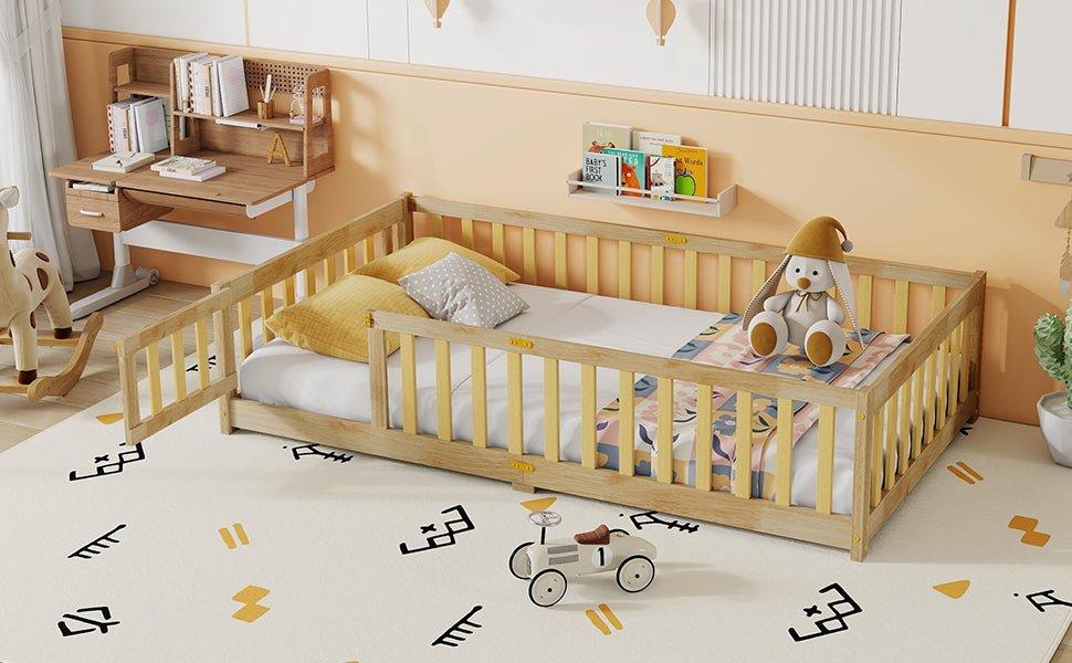 Twin Size Floor Bed with Fence and Door,Rubber Wood Floor Bed with Safety Guardrails,Natural - 1st Choice Furniture Direct