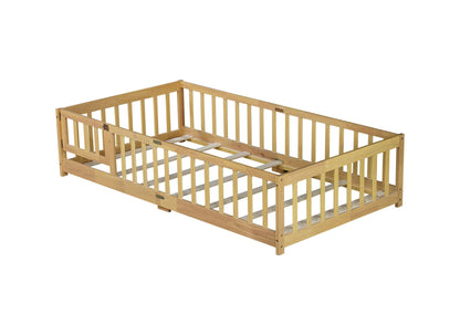 Twin Size Floor Bed with Fence and Door,Rubber Wood Floor Bed with Safety Guardrails,Natural - 1st Choice Furniture Direct