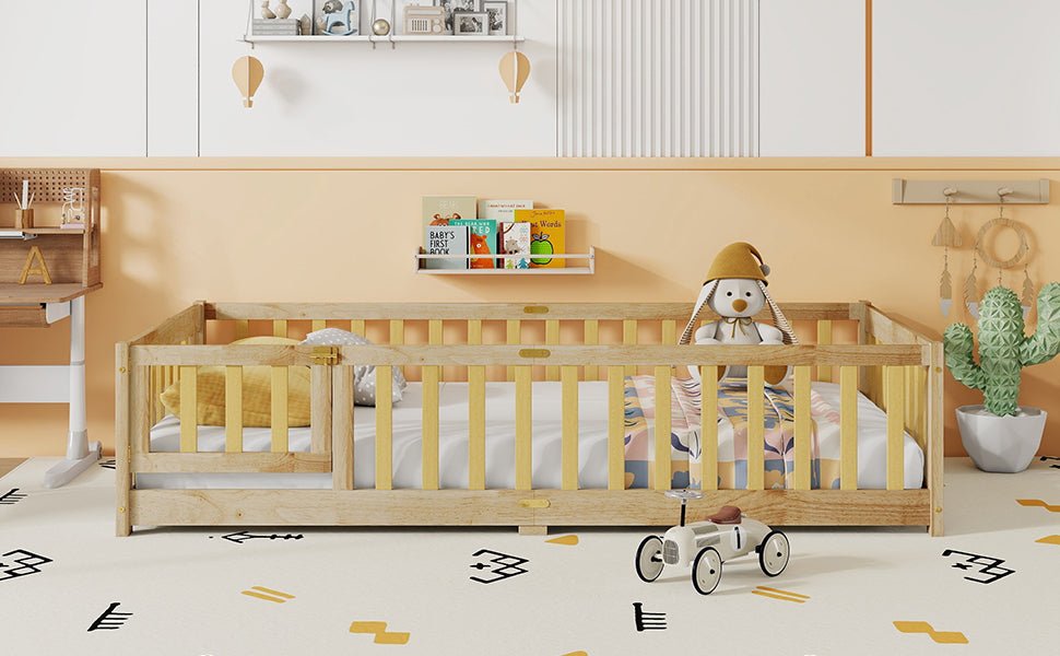 Twin Size Floor Bed with Fence and Door,Rubber Wood Floor Bed with Safety Guardrails,Natural - 1st Choice Furniture Direct