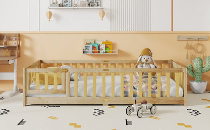 Twin Size Floor Bed with Fence and Door,Rubber Wood Floor Bed with Safety Guardrails,Natural - 1st Choice Furniture Direct