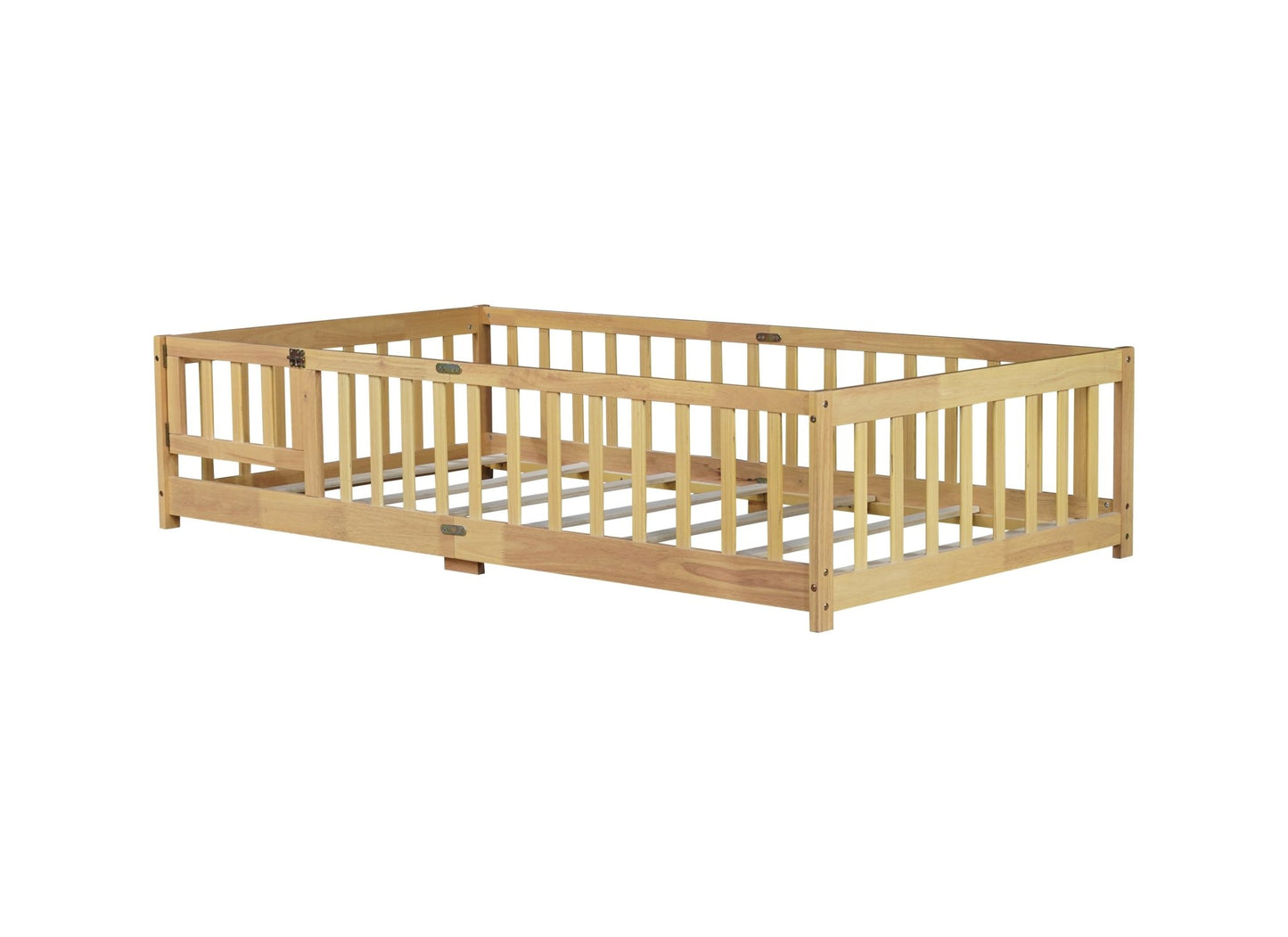 Twin Size Floor Bed with Fence and Door,Rubber Wood Floor Bed with Safety Guardrails,Natural - 1st Choice Furniture Direct