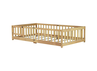 Twin Size Floor Bed with Fence and Door,Rubber Wood Floor Bed with Safety Guardrails,Natural - 1st Choice Furniture Direct