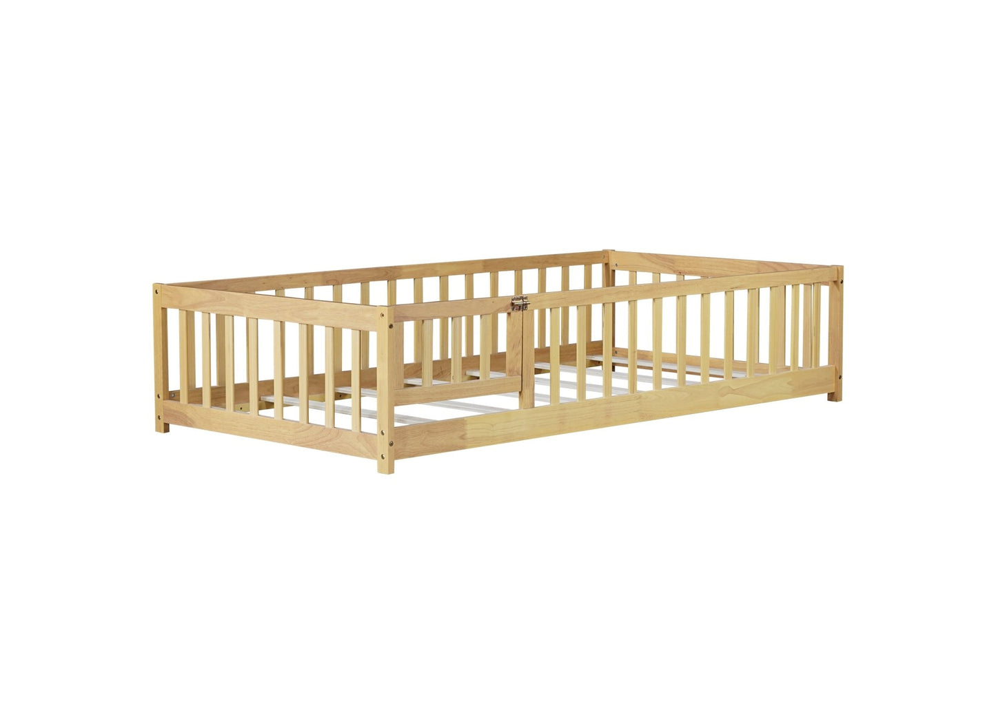 Twin Size Floor Bed with Fence and Door,Rubber Wood Floor Bed with Safety Guardrails,Natural - 1st Choice Furniture Direct