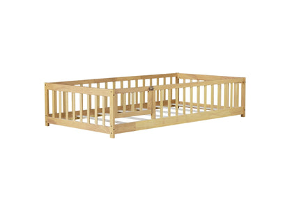Twin Size Floor Bed with Fence and Door,Rubber Wood Floor Bed with Safety Guardrails,Natural - 1st Choice Furniture Direct