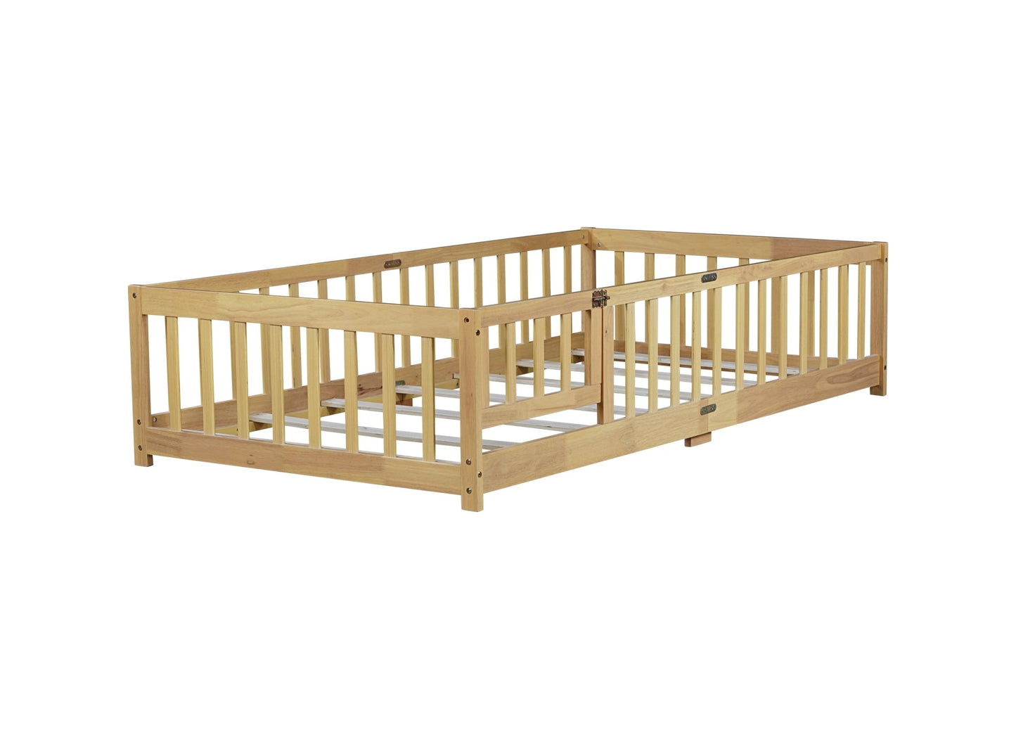 Twin Size Floor Bed with Fence and Door,Rubber Wood Floor Bed with Safety Guardrails,Natural - 1st Choice Furniture Direct